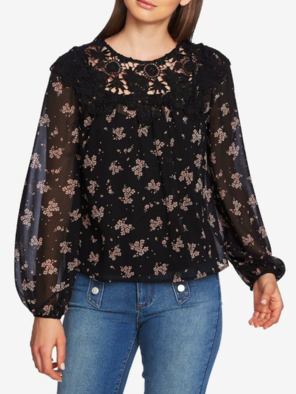 NEW 1.STATE Womens Crochet Trim Floral Pullover Blouse Rich Black Moody Hues